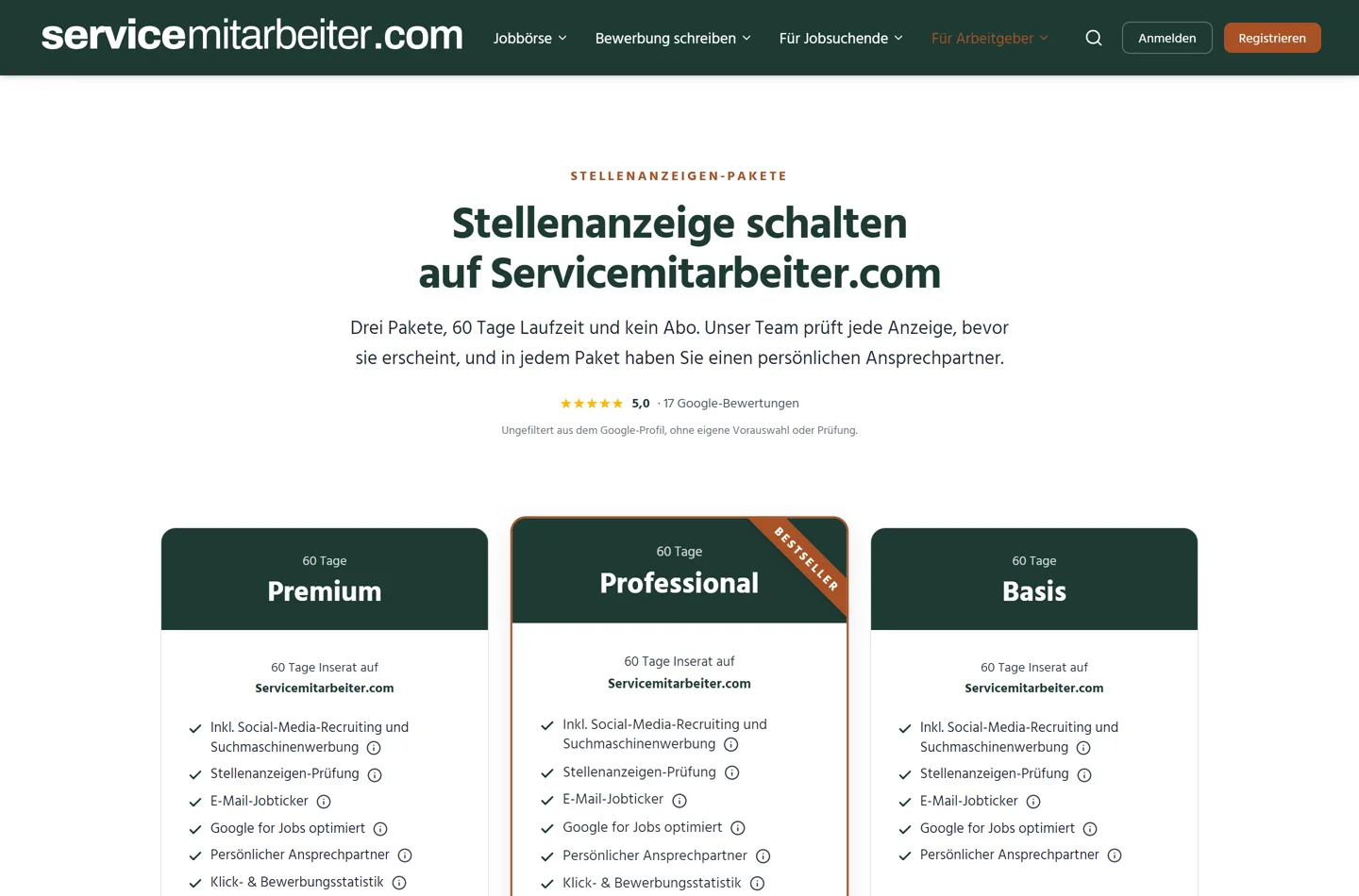 Paketseite einer Jobbörse mit den Paketen Premium, Professional und Basis